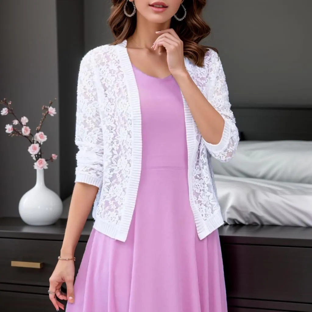 FindThy Women’s Open Front Lace Cardigan Long Sleeve Floral Crochet Summer Shrug Cover Ups