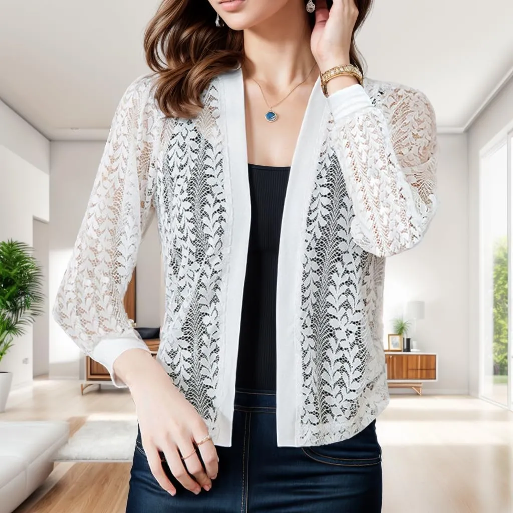 FindThy Women’s Open Front Lace Cardigan Long Sleeve Floral Crochet Summer Shrug Cover Ups