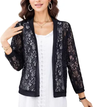 FindThy Women’s Open Front Lace Cardigan Long Sleeve Floral Crochet Summer Shrug Cover Ups