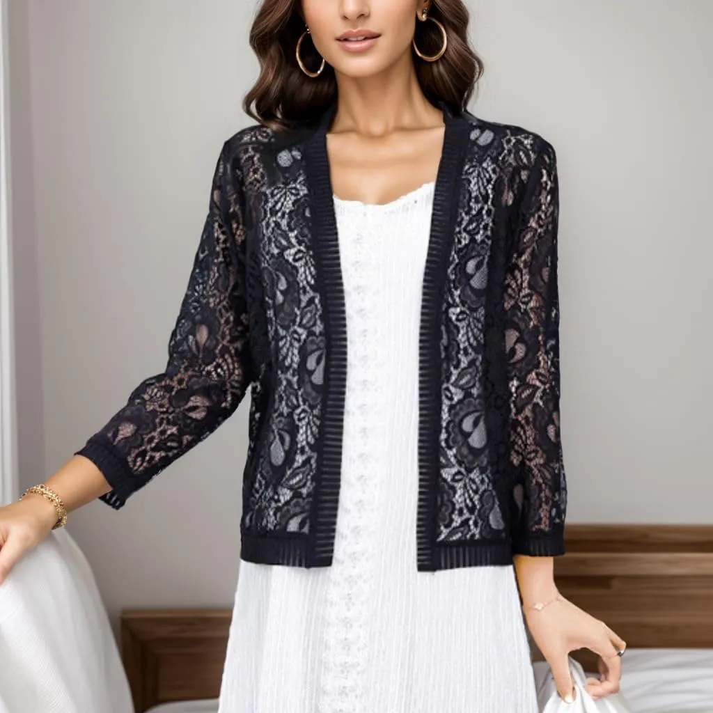 FindThy Women’s Open Front Lace Cardigan Long Sleeve Floral Crochet Summer Shrug Cover Ups