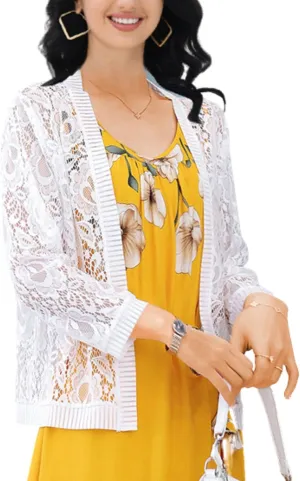 FindThy Women’s Open Front Lace Cardigan Long Sleeve Floral Crochet Summer Shrug Cover Ups