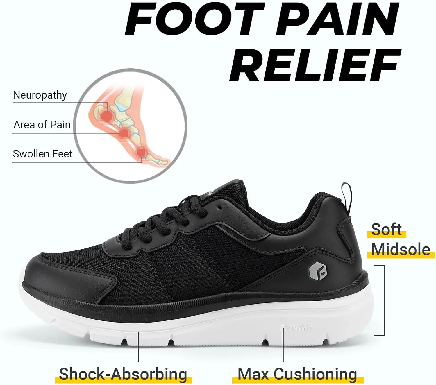 FitVille Men's Walking Shoes Wide Width Lightweight Comfortable Sneakers Max Cushioning Shoes for Plantar Fasciitis Relief