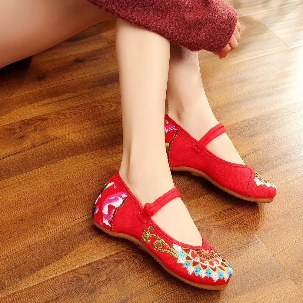 Floral Handmade Embroidered Shoes for Women Comfortable Loafer Black Casual Round Toe Mary Jane Ballet Flats Shoes