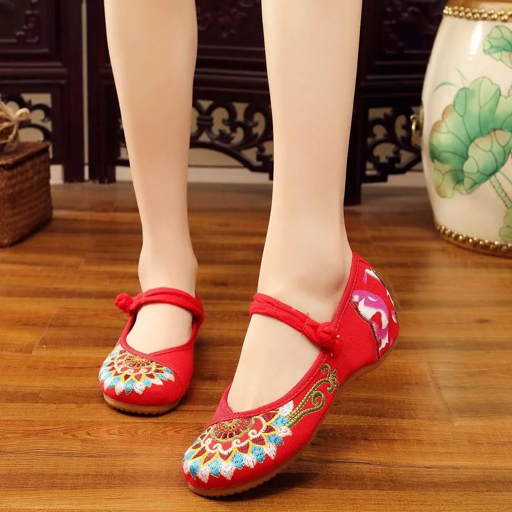 Floral Handmade Embroidered Shoes for Women Comfortable Loafer Black Casual Round Toe Mary Jane Ballet Flats Shoes