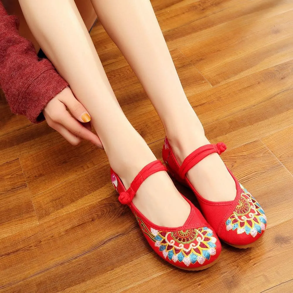 Floral Handmade Embroidered Shoes for Women Comfortable Loafer Black Casual Round Toe Mary Jane Ballet Flats Shoes