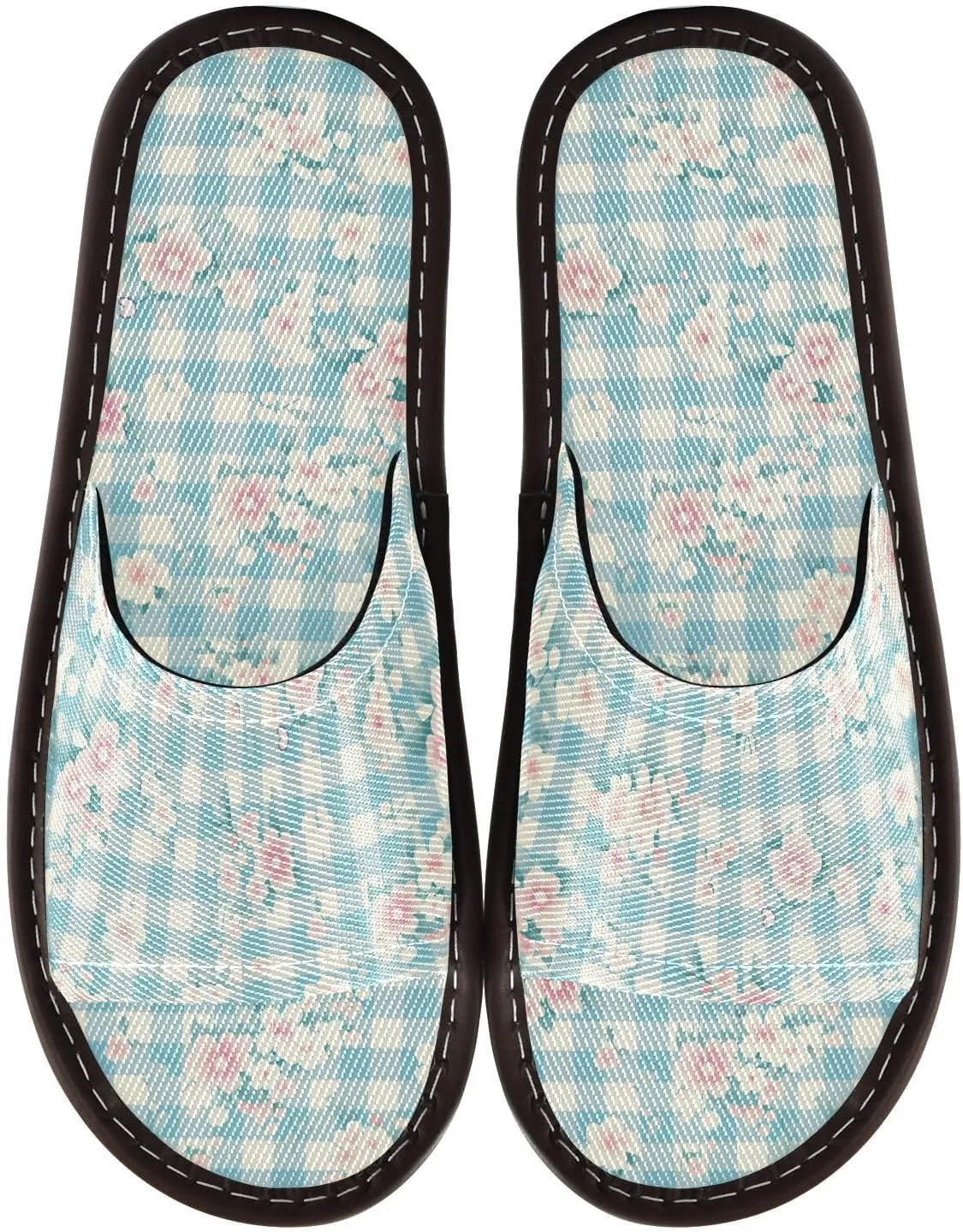 Flowers Light Blue Ginghams Men Women Casual Shower Slippers Summer Slides Sandals for Home Outdoor Travel
