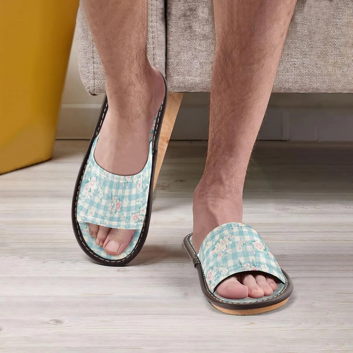 Flowers Light Blue Ginghams Men Women Casual Shower Slippers Summer Slides Sandals for Home Outdoor Travel