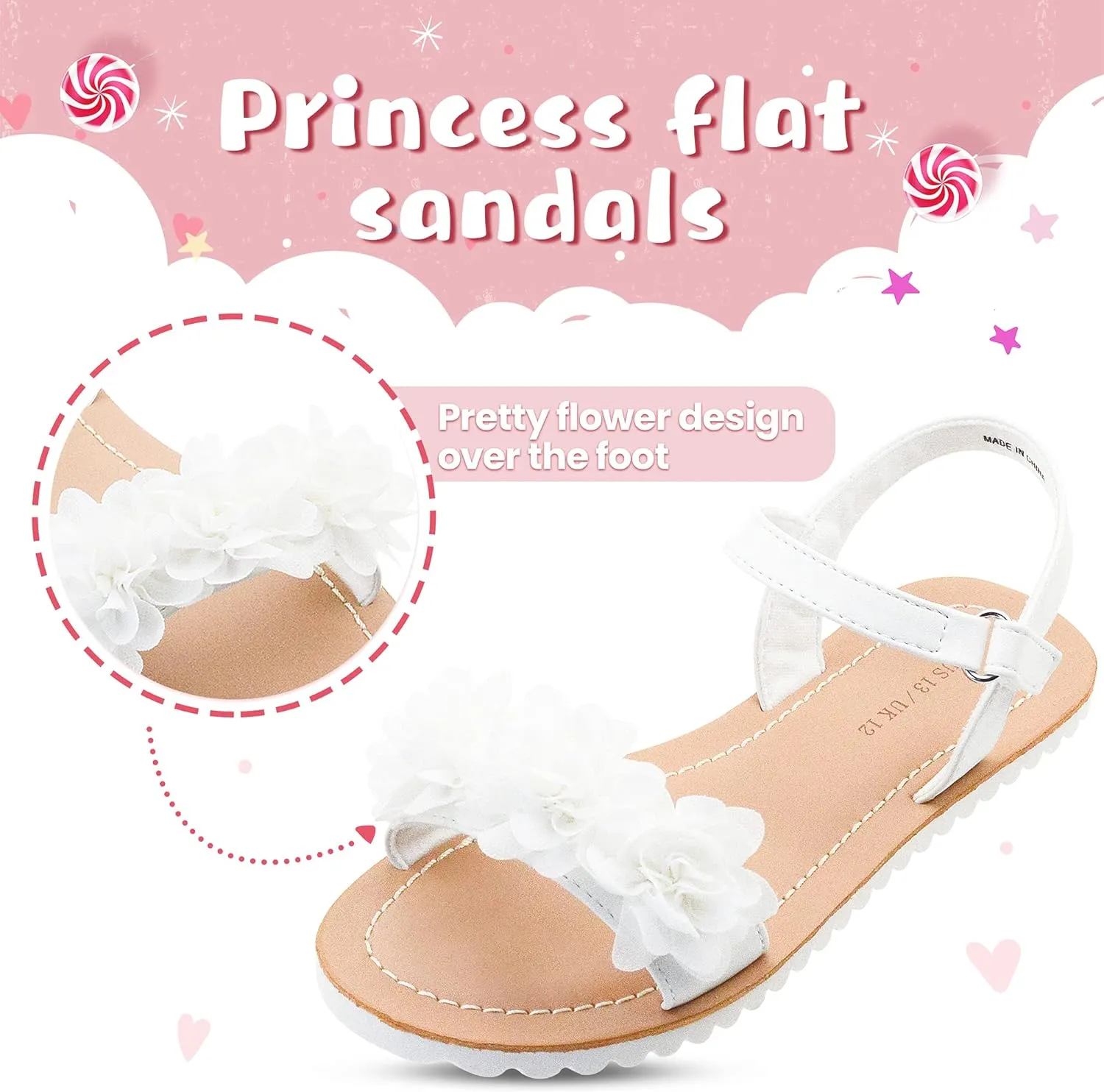 FLYFUPPY White Sandals for Girls Breathable Open Toe Wedding Flower Sandals with Rubber Sole, Indoor Outdoor Beautiful Summer Shoes (Little/Big Kids)