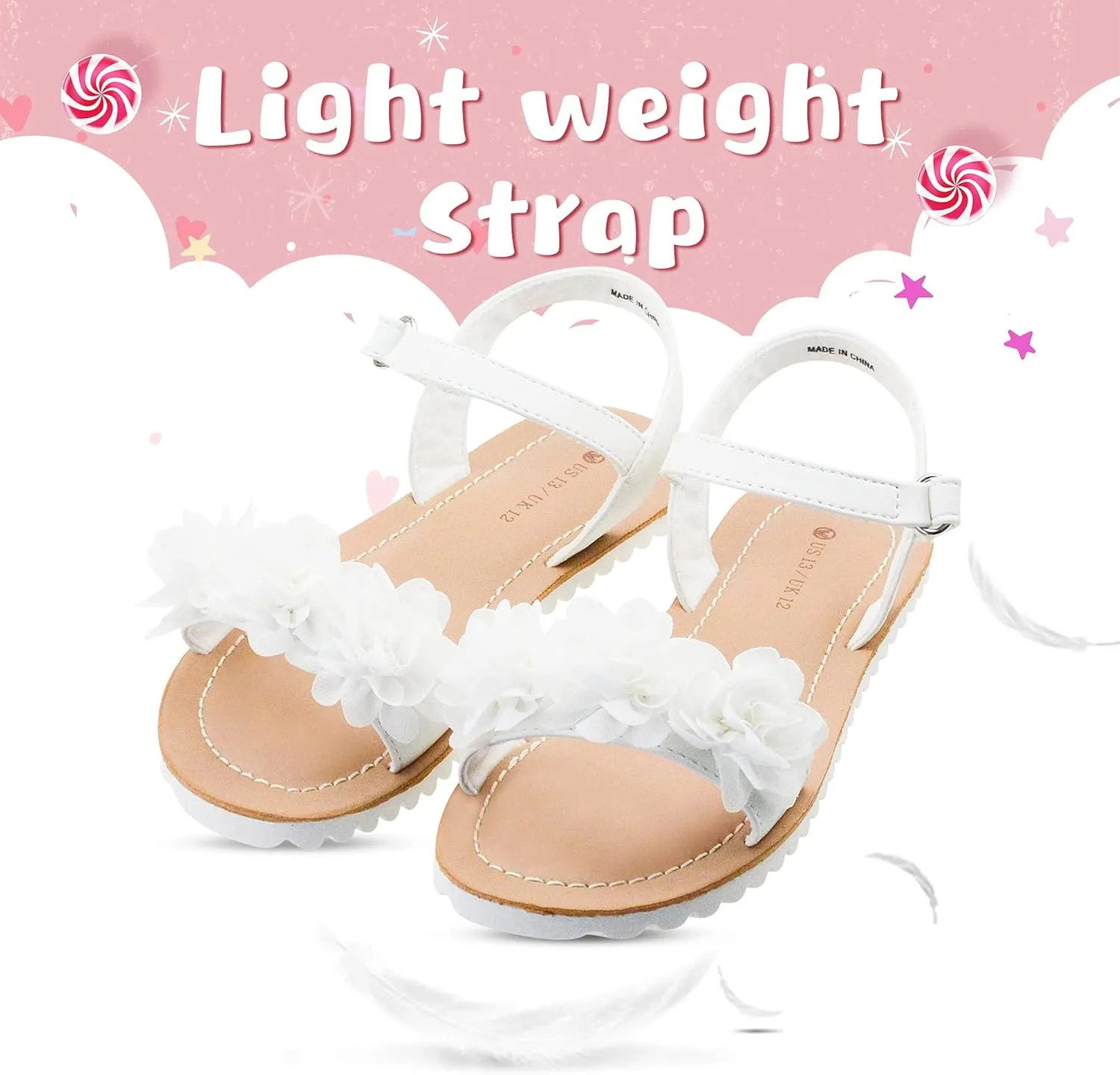 FLYFUPPY White Sandals for Girls Breathable Open Toe Wedding Flower Sandals with Rubber Sole, Indoor Outdoor Beautiful Summer Shoes (Little/Big Kids)