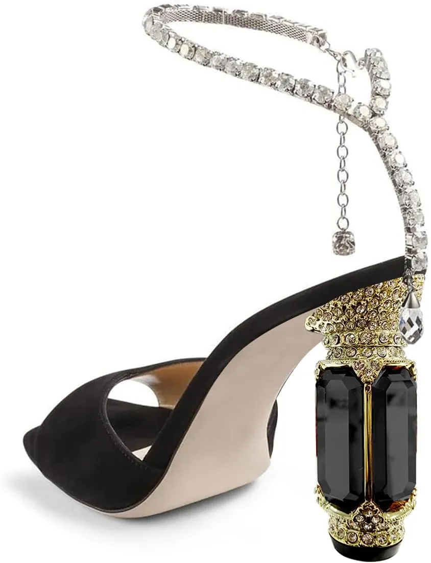 FSJ Women Square Open Toe Heeled Sandals Crystal Chain Ankle Strap Pumps Rhinestone Buckle Jewel Chunky High Heels Party Bridal Shoes Size 4-16 US