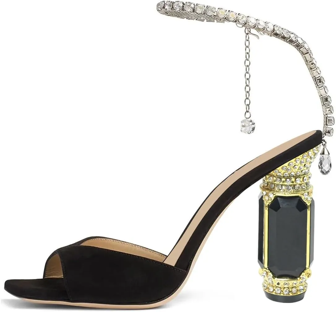 FSJ Women Square Open Toe Heeled Sandals Crystal Chain Ankle Strap Pumps Rhinestone Buckle Jewel Chunky High Heels Party Bridal Shoes Size 4-16 US
