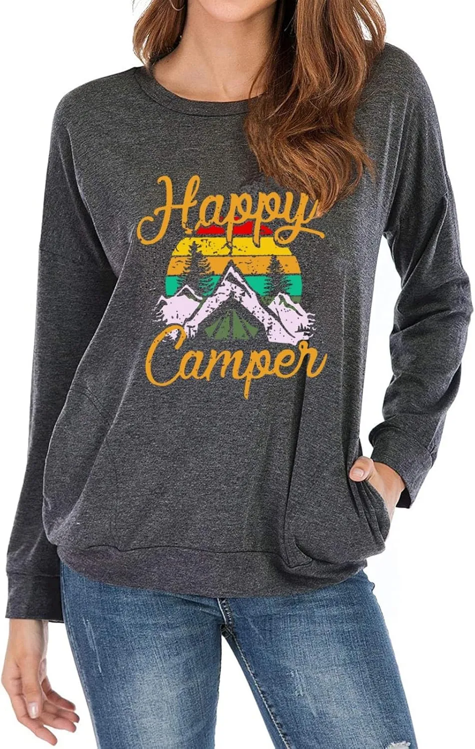 Fuyxxmer Happy Camper Sweatshirt Women Vintage Mountain Graphic Tee Long Sleeve Pullover Blouses Top Shirts with Pockets