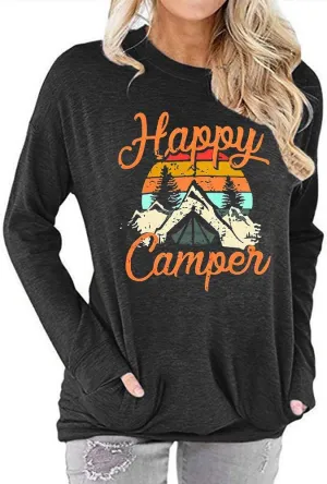 Fuyxxmer Happy Camper Sweatshirt Women Vintage Mountain Graphic Tee Long Sleeve Pullover Blouses Top Shirts with Pockets
