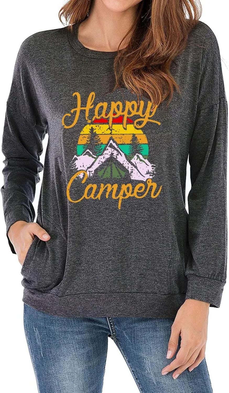 Fuyxxmer Happy Camper Sweatshirt Women Vintage Mountain Graphic Tee Long Sleeve Pullover Blouses Top Shirts with Pockets