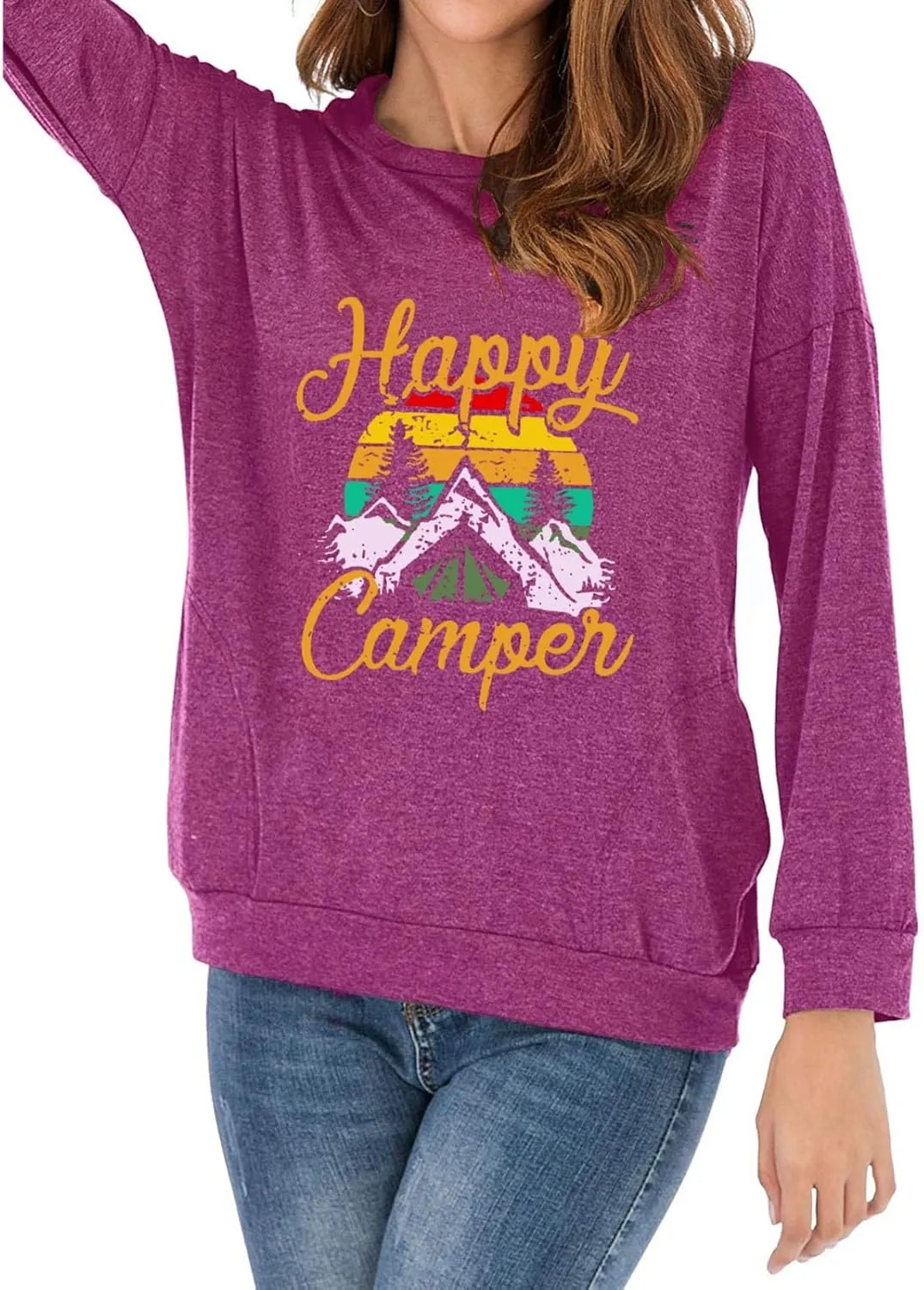 Fuyxxmer Happy Camper Sweatshirt Women Vintage Mountain Graphic Tee Long Sleeve Pullover Blouses Top Shirts with Pockets
