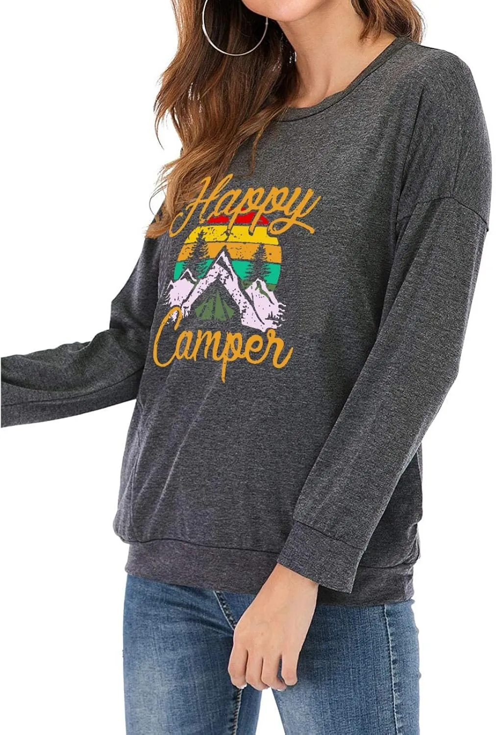 Fuyxxmer Happy Camper Sweatshirt Women Vintage Mountain Graphic Tee Long Sleeve Pullover Blouses Top Shirts with Pockets