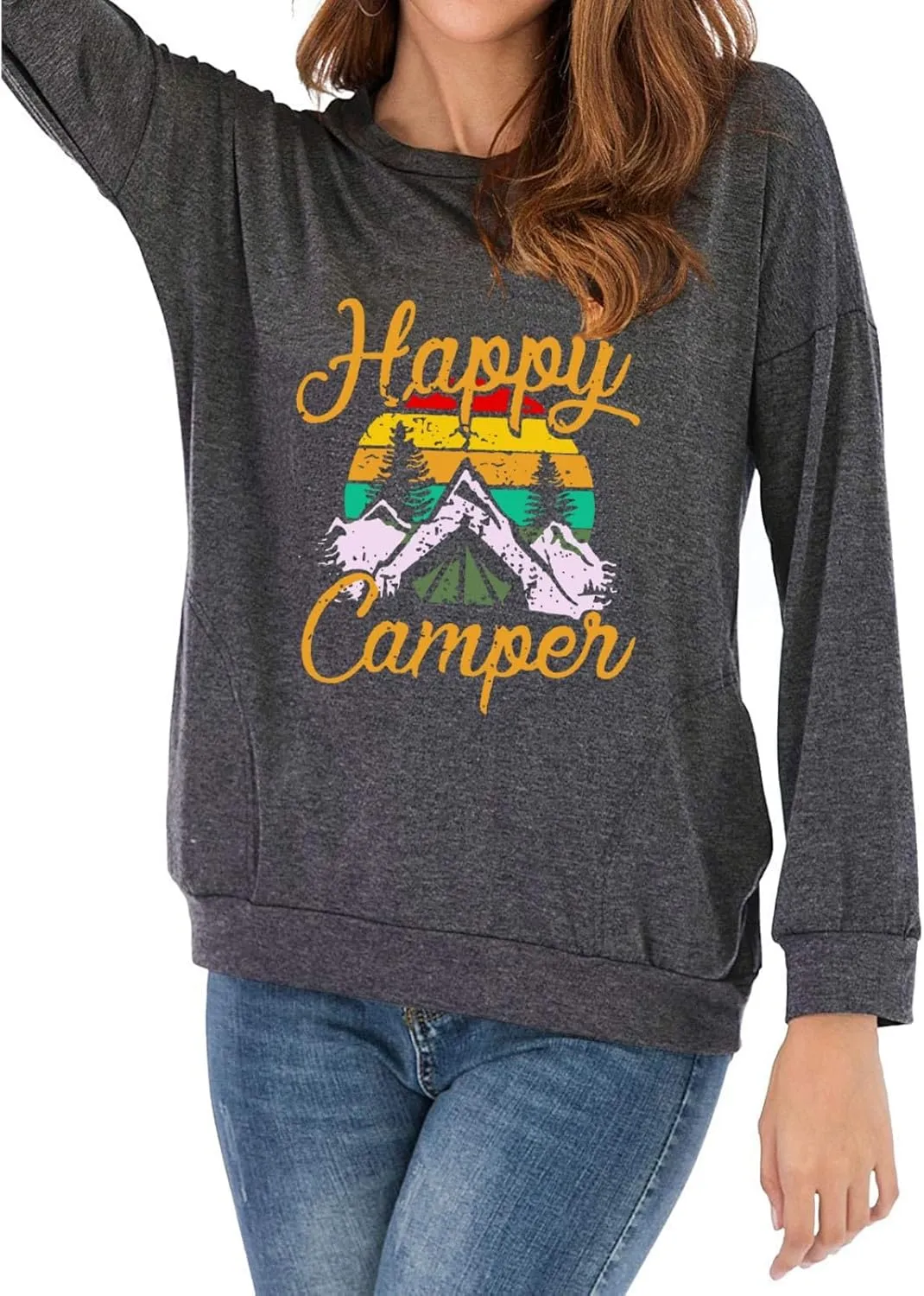 Fuyxxmer Happy Camper Sweatshirt Women Vintage Mountain Graphic Tee Long Sleeve Pullover Blouses Top Shirts with Pockets