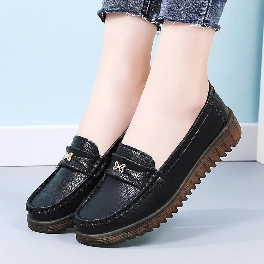 GEXECEUSS Womens Leather Penny Loafers: Comfort Boat Shoes for Working - Lightweight Casual Driving Shoes for Ladies