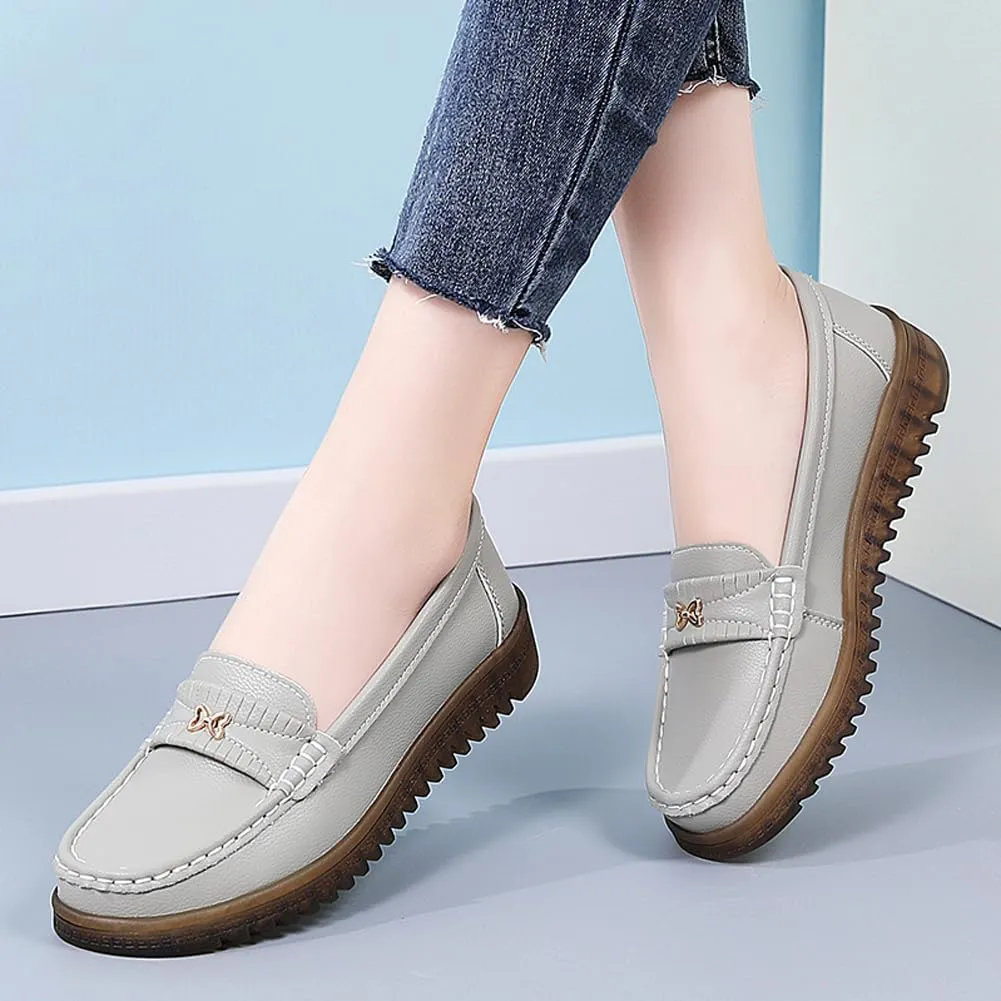 GEXECEUSS Womens Leather Penny Loafers: Comfort Boat Shoes for Working - Lightweight Casual Driving Shoes for Ladies