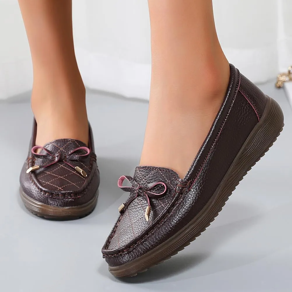 GEXECEUSS Womens Leather Penny Loafers: Comfort Boat Shoes for Working - Lightweight Casual Driving Shoes for Ladies