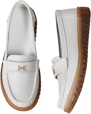 GEXECEUSS Womens Leather Penny Loafers: Comfort Boat Shoes for Working - Lightweight Casual Driving Shoes for Ladies