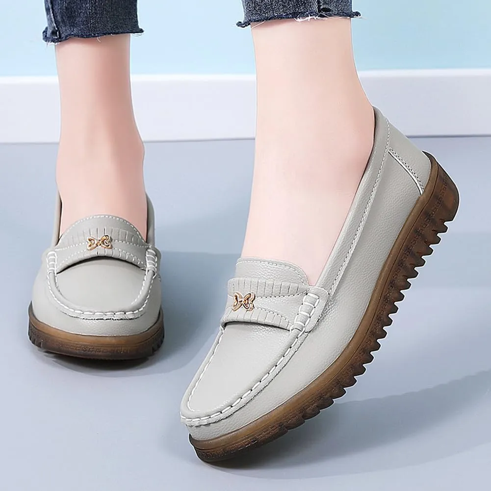 GEXECEUSS Womens Leather Penny Loafers: Comfort Boat Shoes for Working - Lightweight Casual Driving Shoes for Ladies