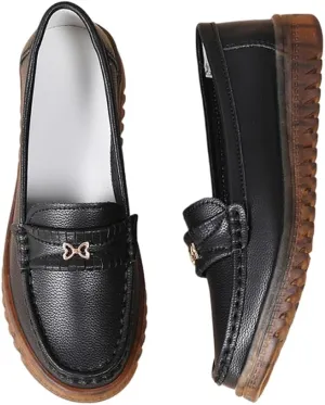 GEXECEUSS Womens Leather Penny Loafers: Comfort Boat Shoes for Working - Lightweight Casual Driving Shoes for Ladies