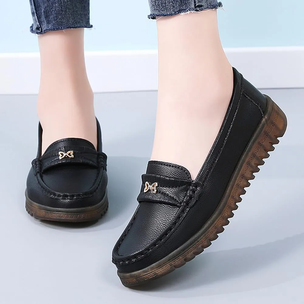 GEXECEUSS Womens Leather Penny Loafers: Comfort Boat Shoes for Working - Lightweight Casual Driving Shoes for Ladies