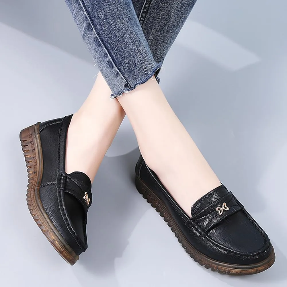 GEXECEUSS Womens Leather Penny Loafers: Comfort Boat Shoes for Working - Lightweight Casual Driving Shoes for Ladies