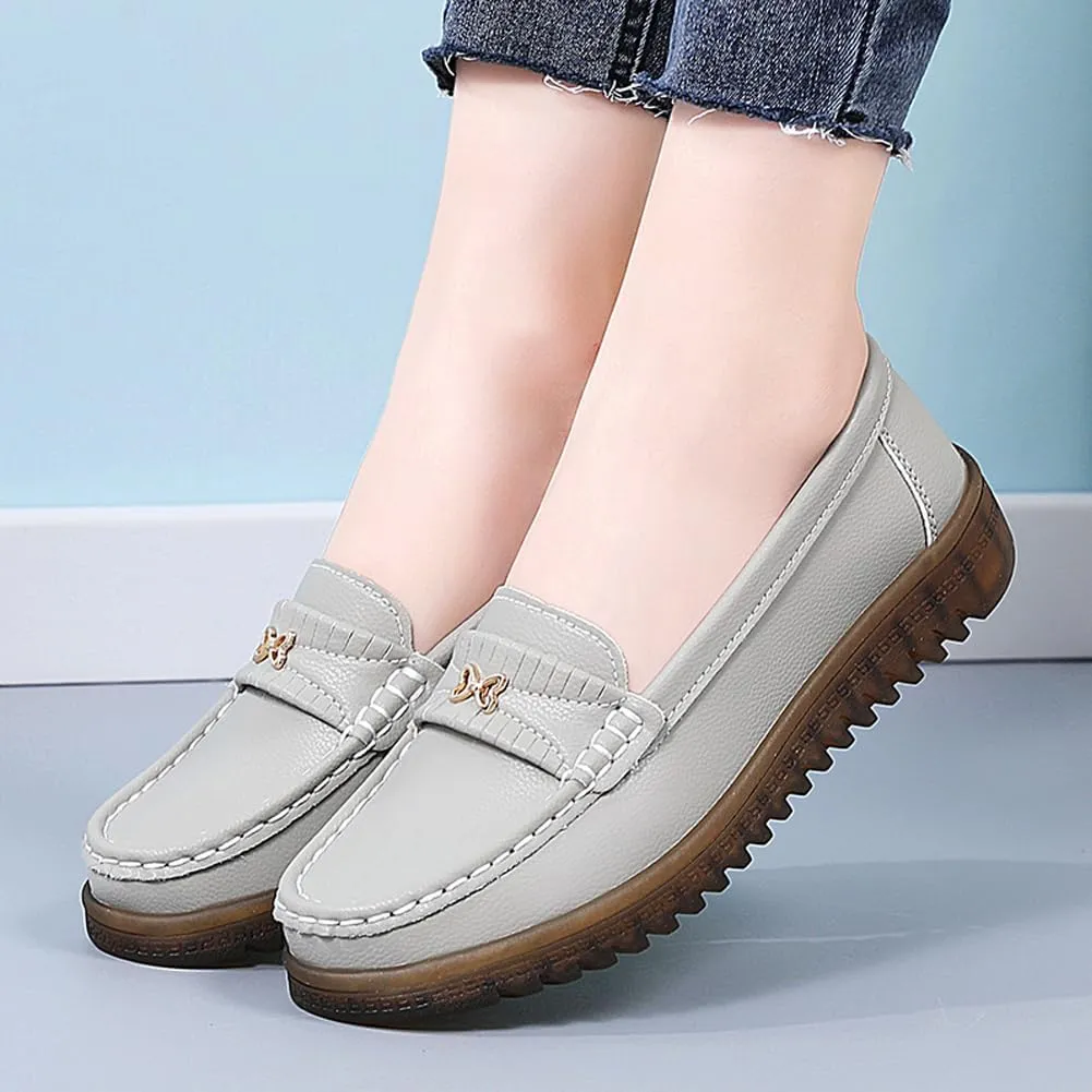 GEXECEUSS Womens Leather Penny Loafers: Comfort Boat Shoes for Working - Lightweight Casual Driving Shoes for Ladies