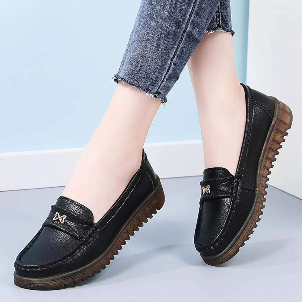 GEXECEUSS Womens Leather Penny Loafers: Comfort Boat Shoes for Working - Lightweight Casual Driving Shoes for Ladies