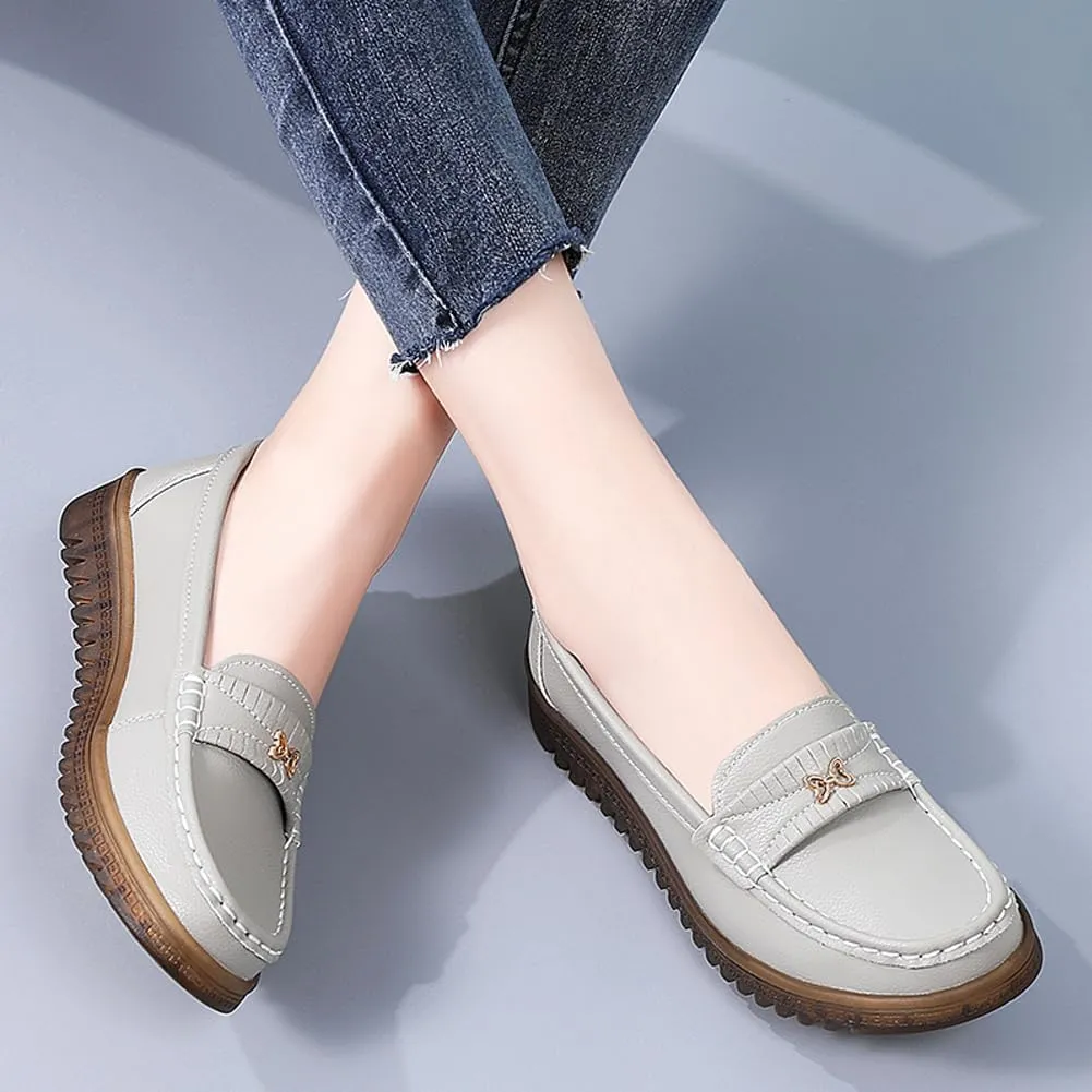 GEXECEUSS Womens Leather Penny Loafers: Comfort Boat Shoes for Working - Lightweight Casual Driving Shoes for Ladies