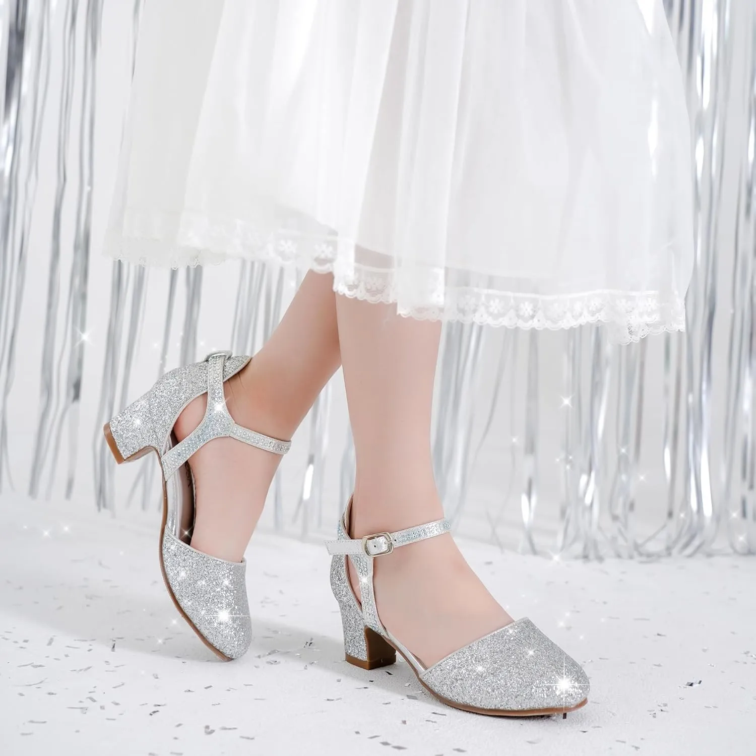 Girls Dress Shoes Closed Toe Chunky High Heels Ankle Strap Wedding Party Pump Shoes