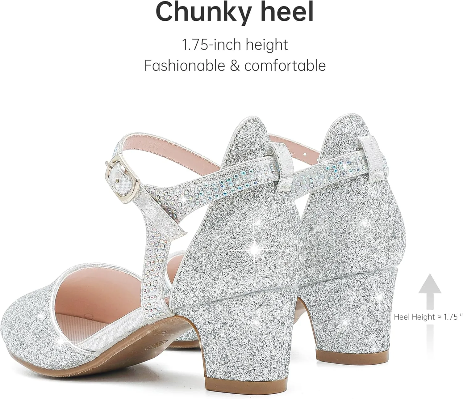 Girls Dress Shoes Closed Toe Chunky High Heels Ankle Strap Wedding Party Pump Shoes