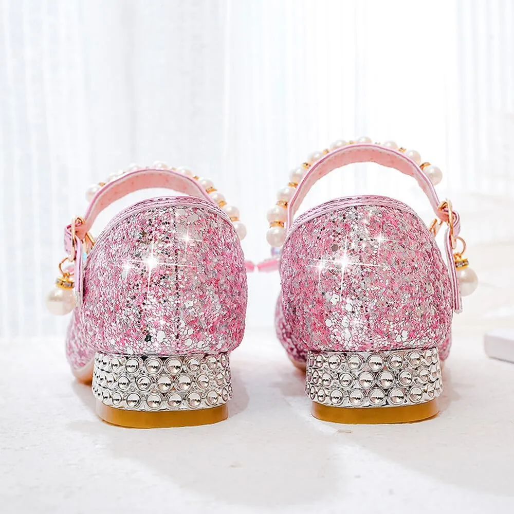 Girls Dress Shoes Mary Jane Princess Shoes Girls' Flats Glitter Low Heels Flower Wedding Party Footwear for Toddler Little/Big Kid