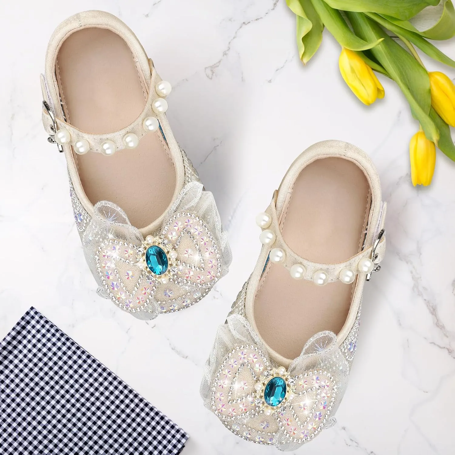 Girls Dress Shoes Mary Jane Princess Shoes Girls' Flats Glitter Low Heels Flower Wedding Party Footwear for Toddler Little/Big Kid