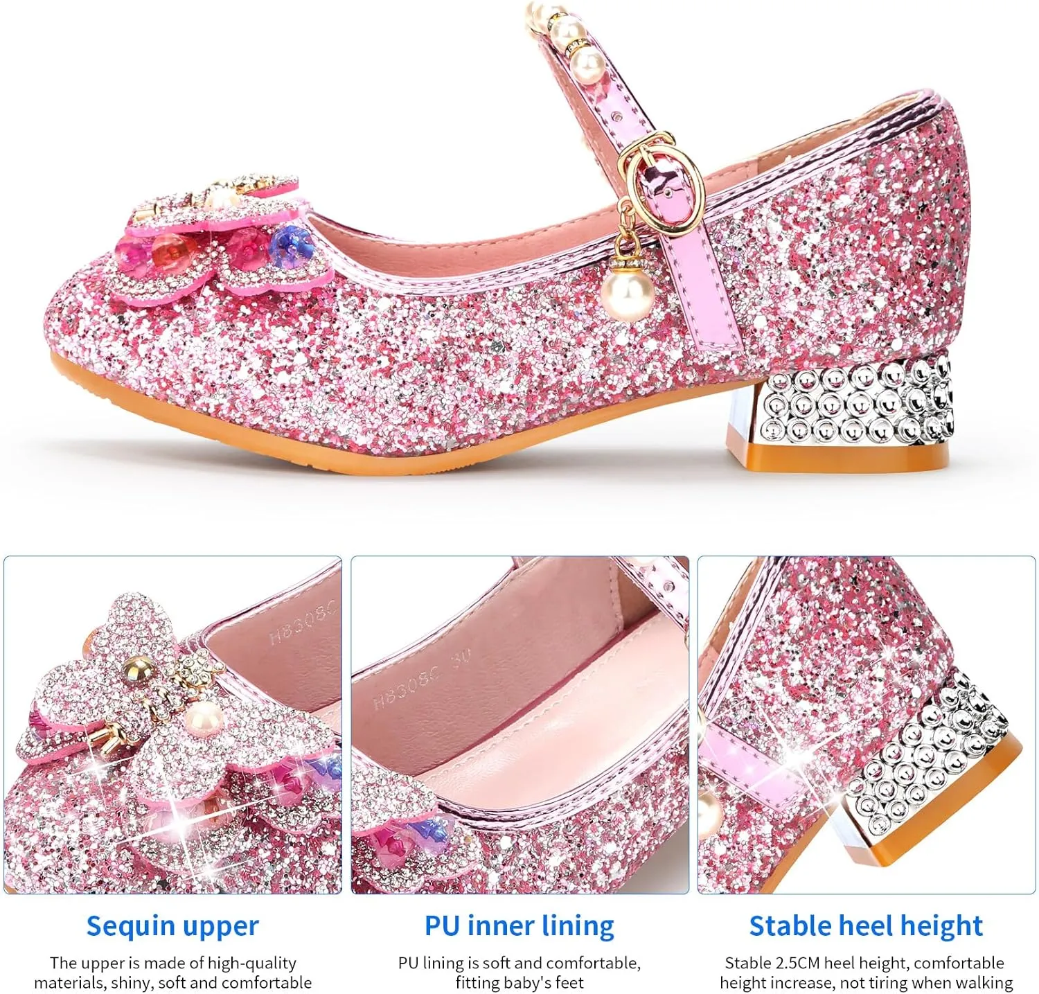 Girls Dress Shoes Mary Jane Princess Shoes Girls' Flats Glitter Low Heels Flower Wedding Party Footwear for Toddler Little/Big Kid