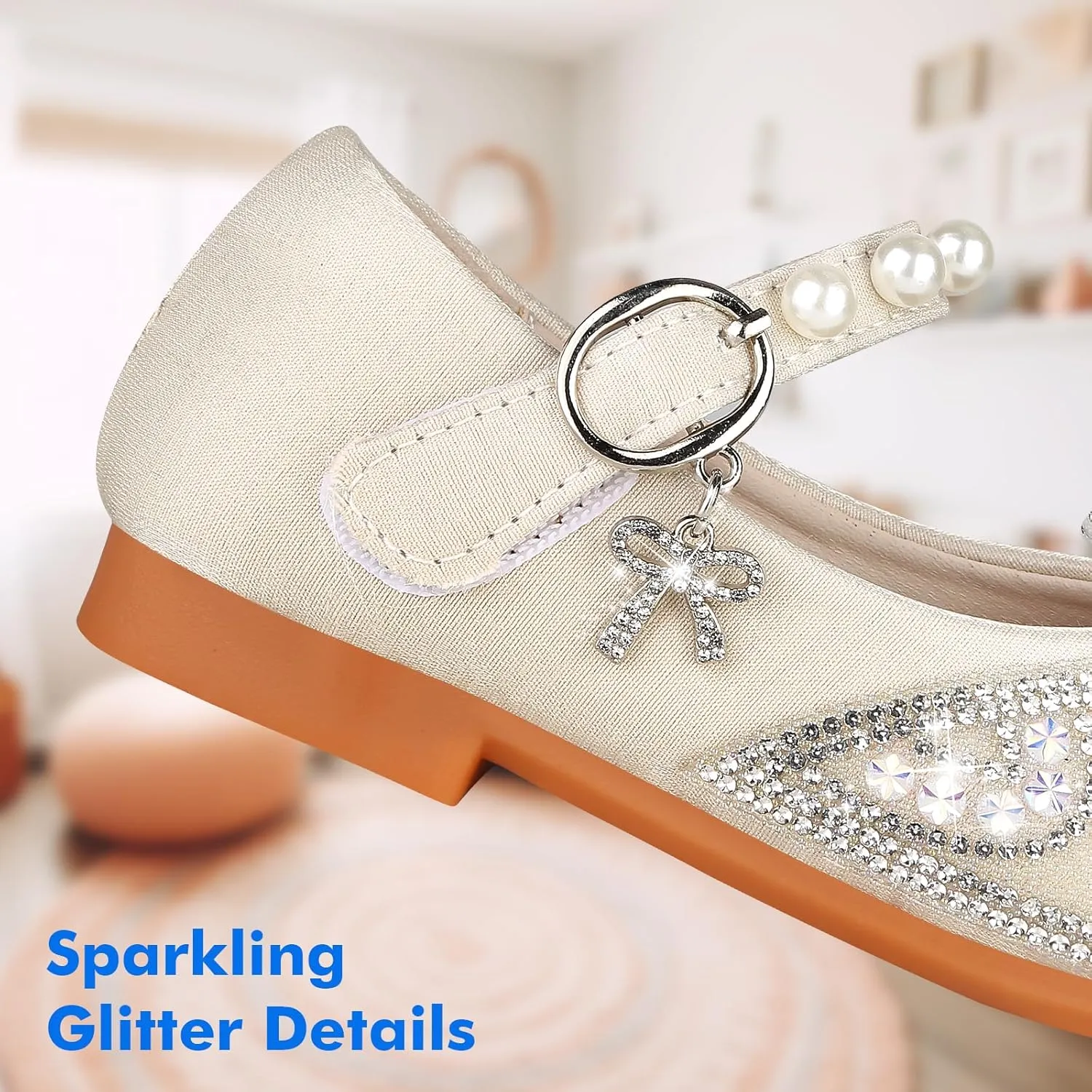 Girls Dress Shoes Mary Jane Princess Shoes Girls' Flats Glitter Low Heels Flower Wedding Party Footwear for Toddler Little/Big Kid
