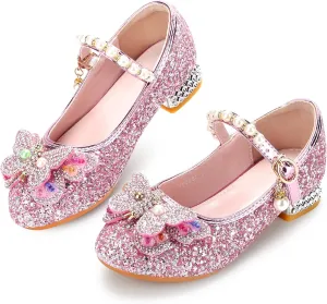 Girls Dress Shoes Mary Jane Princess Shoes Girls' Flats Glitter Low Heels Flower Wedding Party Footwear for Toddler Little/Big Kid