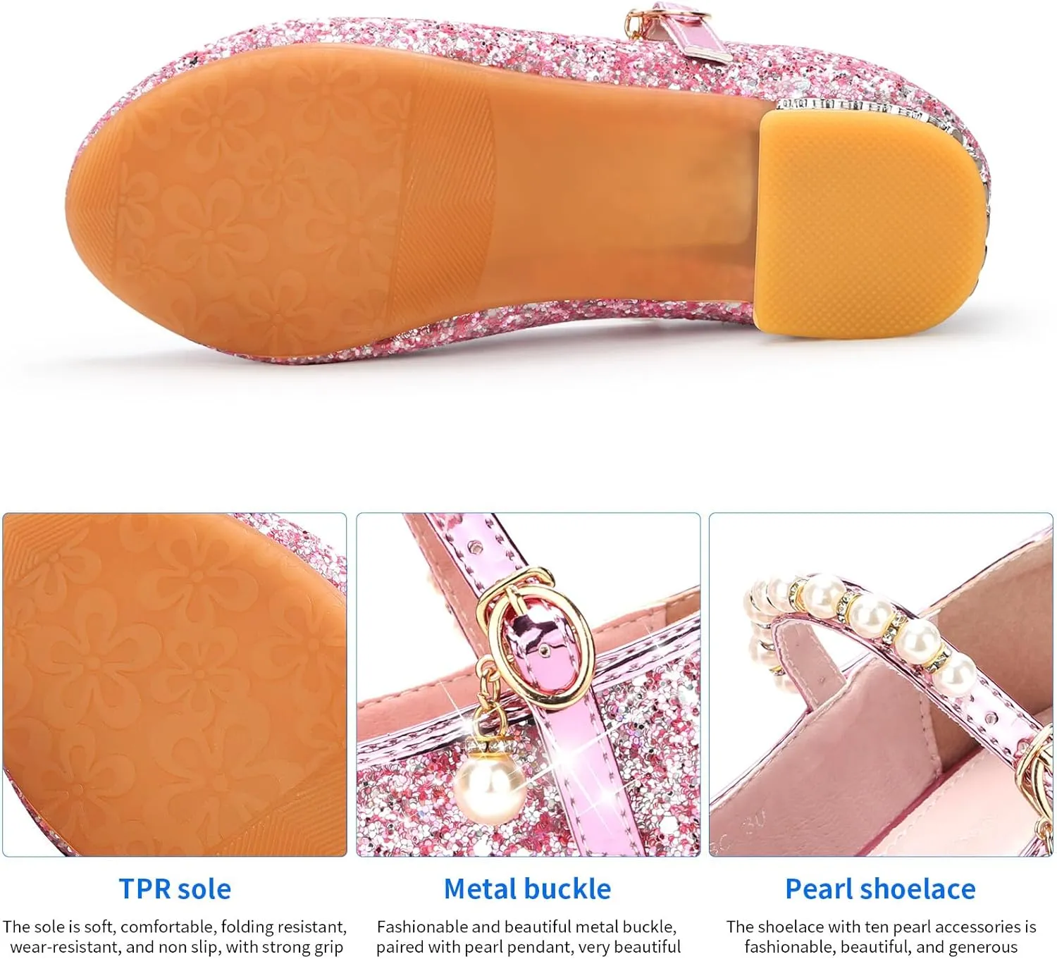 Girls Dress Shoes Mary Jane Princess Shoes Girls' Flats Glitter Low Heels Flower Wedding Party Footwear for Toddler Little/Big Kid
