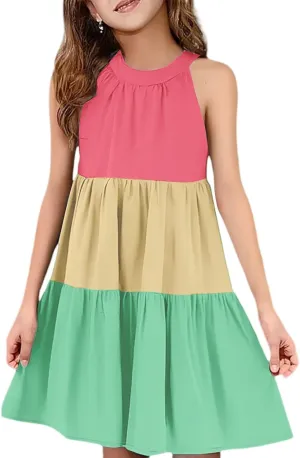 Girls' Sleeveless Color Block Dress Summer Casual Tiered Sundress for Kids Lightweight and Breathable