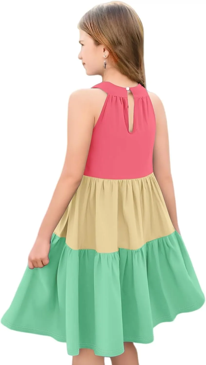 Girls' Sleeveless Color Block Dress Summer Casual Tiered Sundress for Kids Lightweight and Breathable