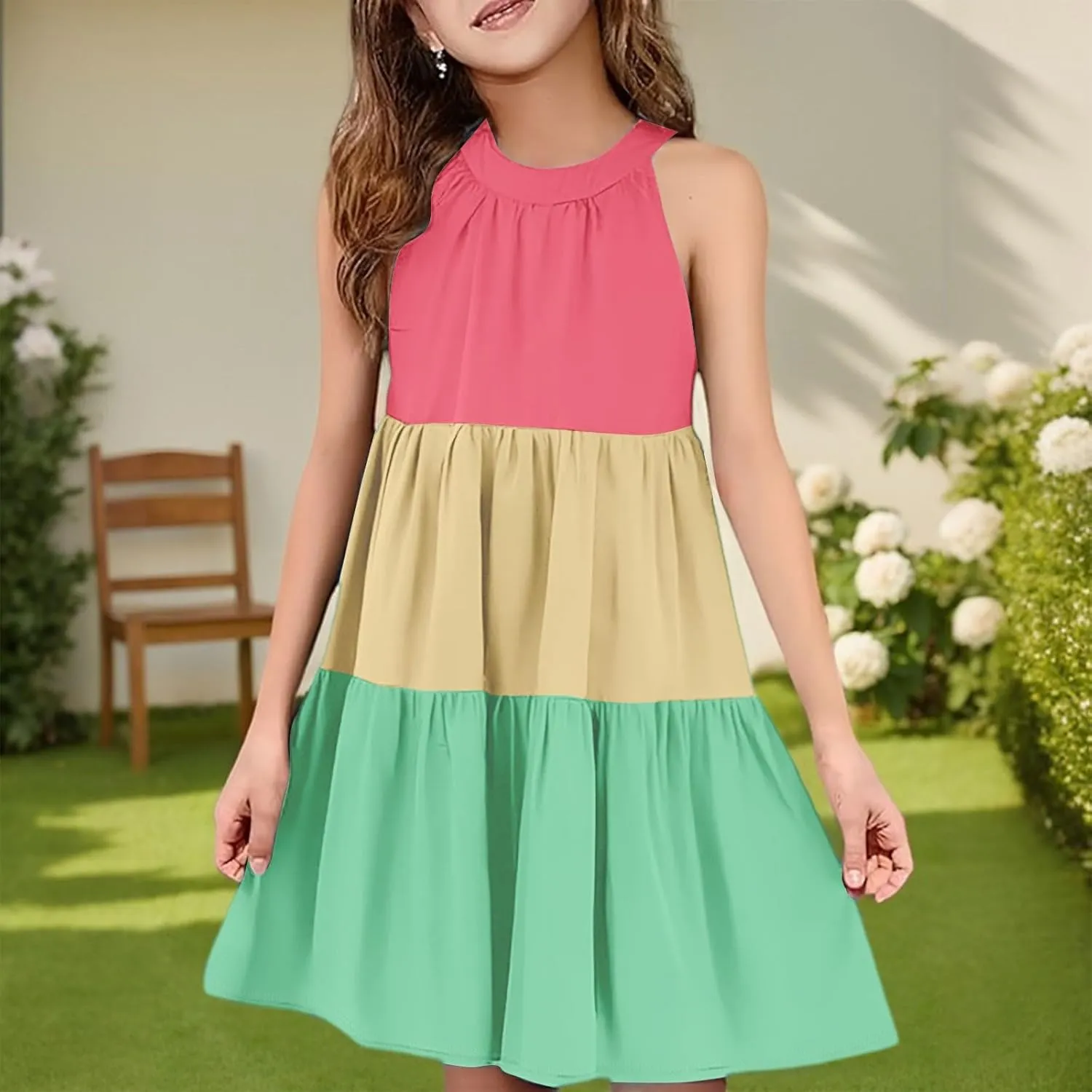 Girls' Sleeveless Color Block Dress Summer Casual Tiered Sundress for Kids Lightweight and Breathable
