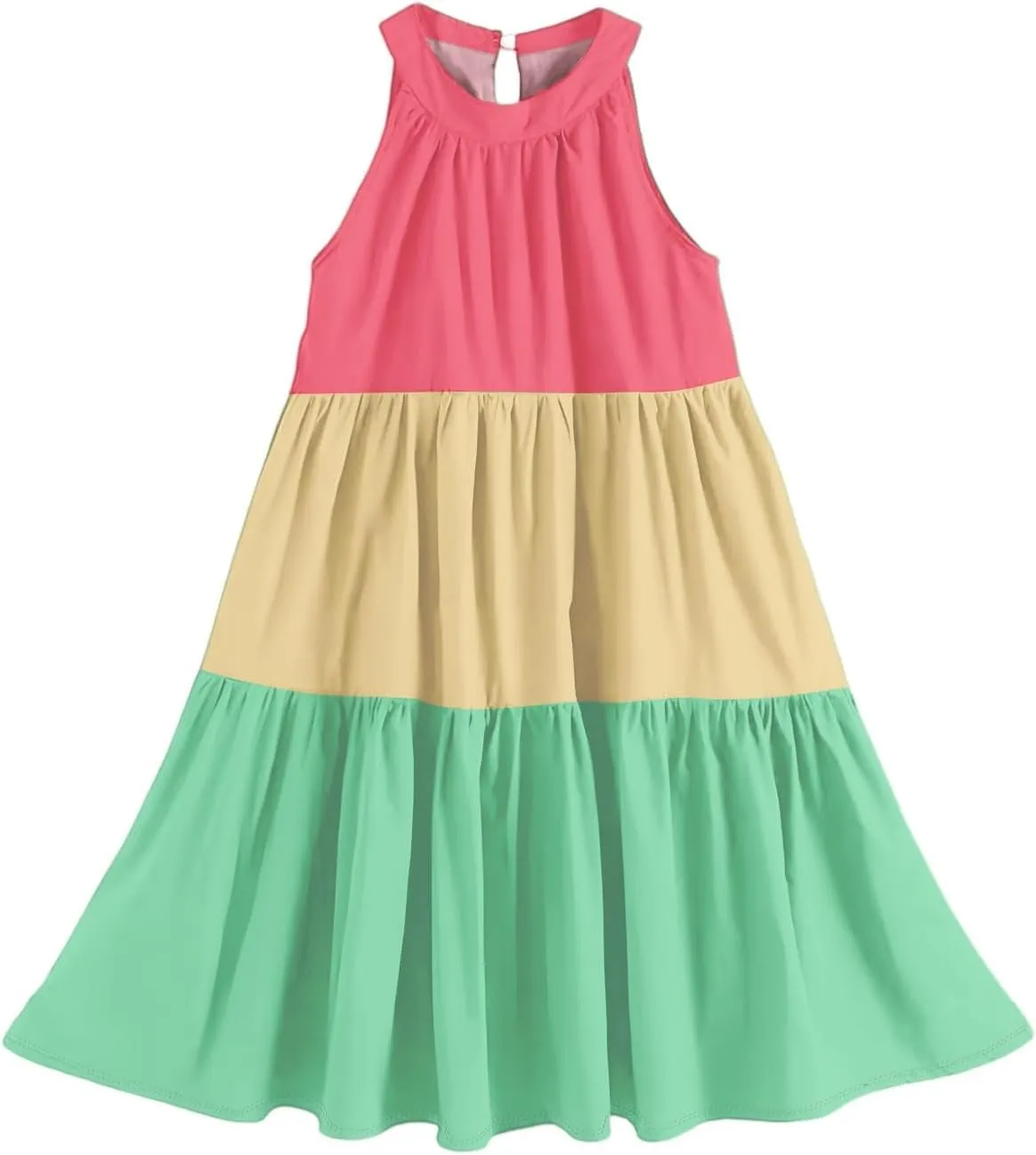 Girls' Sleeveless Color Block Dress Summer Casual Tiered Sundress for Kids Lightweight and Breathable