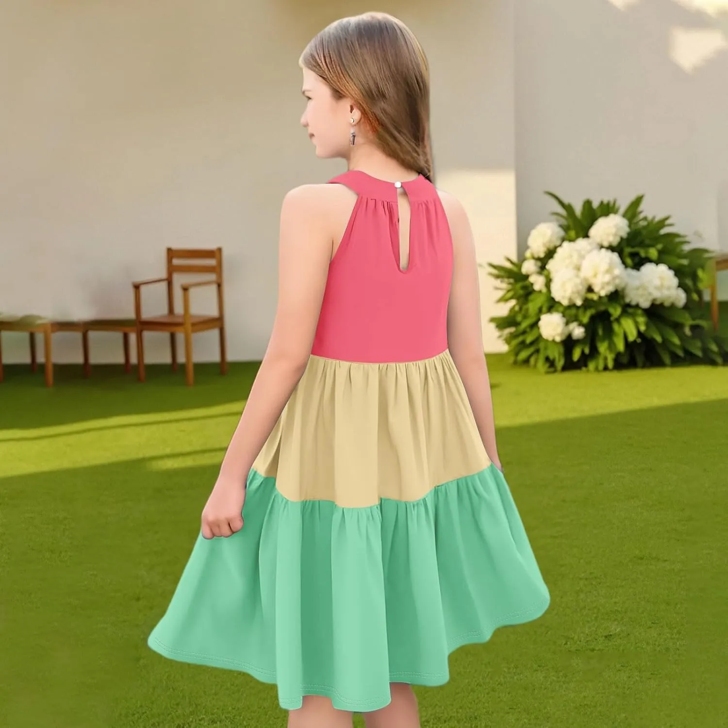 Girls' Sleeveless Color Block Dress Summer Casual Tiered Sundress for Kids Lightweight and Breathable