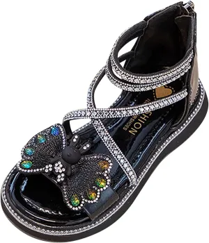 Girls Summer Princess Sandals Open Toe Rhinestone Butterfly Print Foot Back Zipper Off Roman Sandals Daily Casual Outdoor Girls Shoes