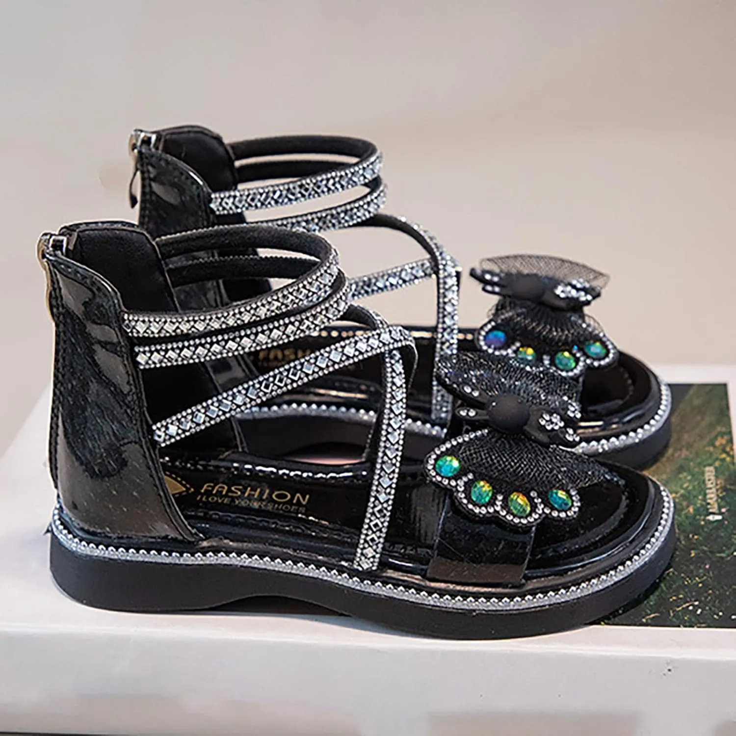 Girls Summer Princess Sandals Open Toe Rhinestone Butterfly Print Foot Back Zipper Off Roman Sandals Daily Casual Outdoor Girls Shoes
