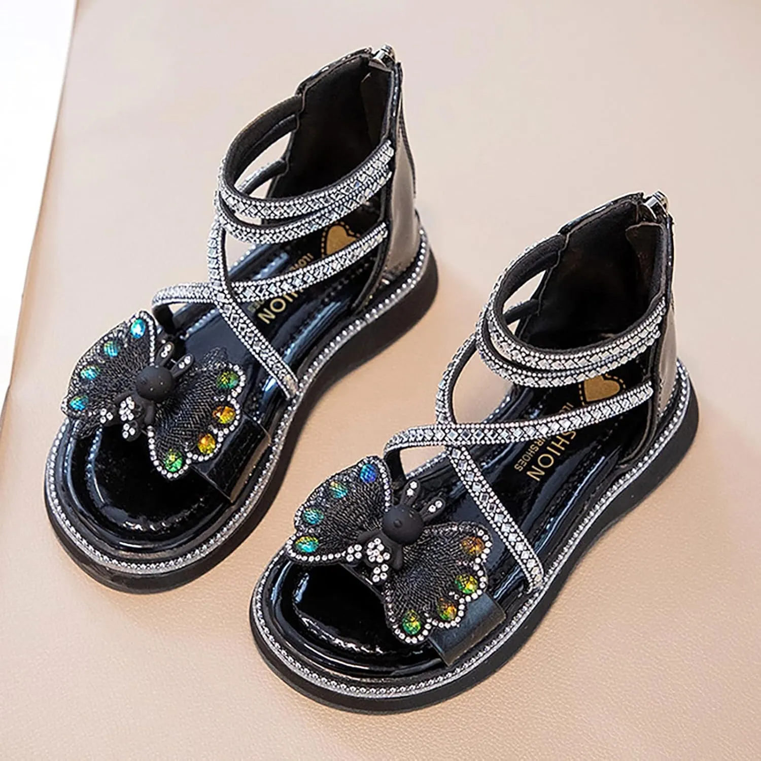 Girls Summer Princess Sandals Open Toe Rhinestone Butterfly Print Foot Back Zipper Off Roman Sandals Daily Casual Outdoor Girls Shoes