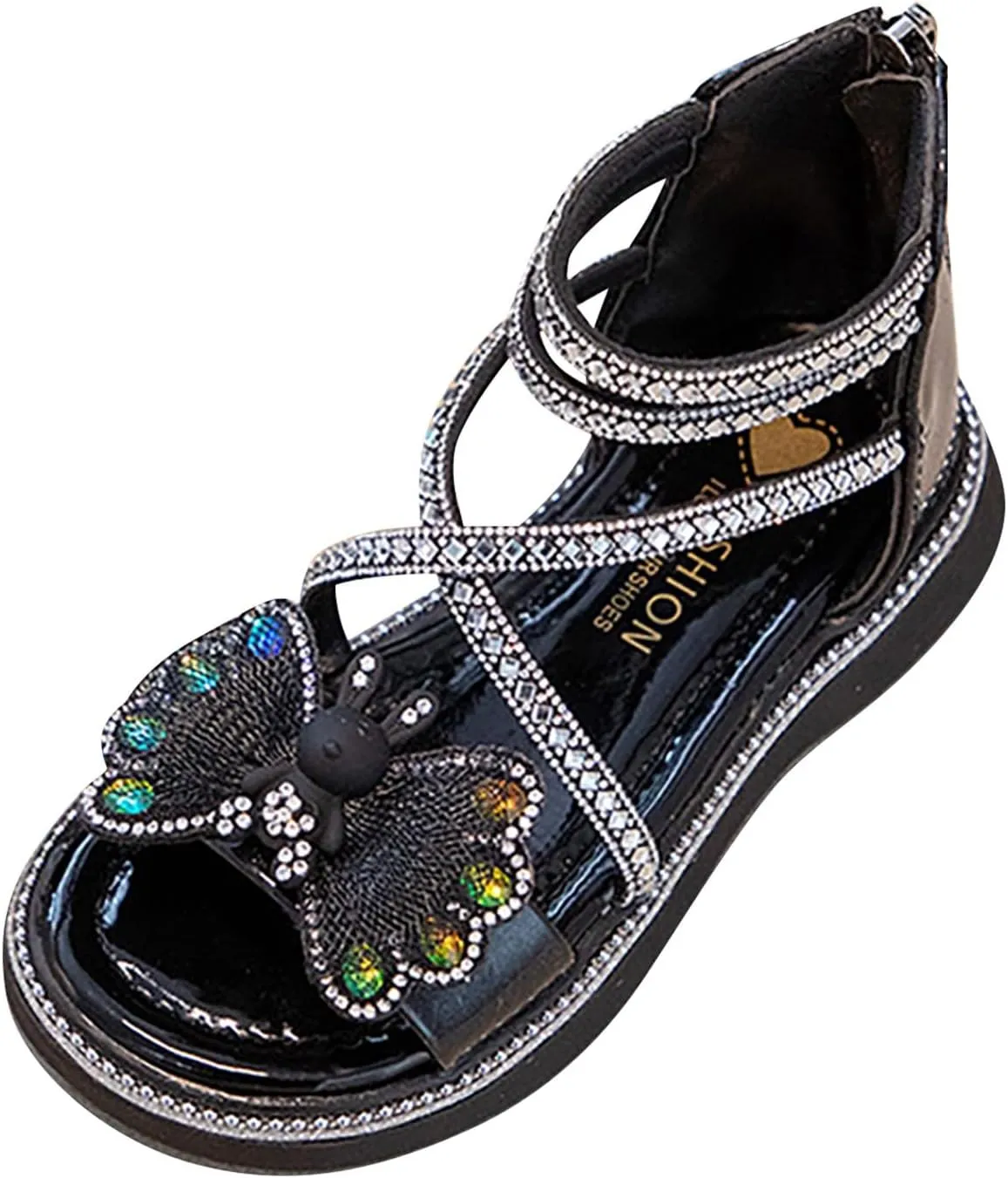 Girls Summer Princess Sandals Open Toe Rhinestone Butterfly Print Foot Back Zipper Off Roman Sandals Daily Casual Outdoor Girls Shoes