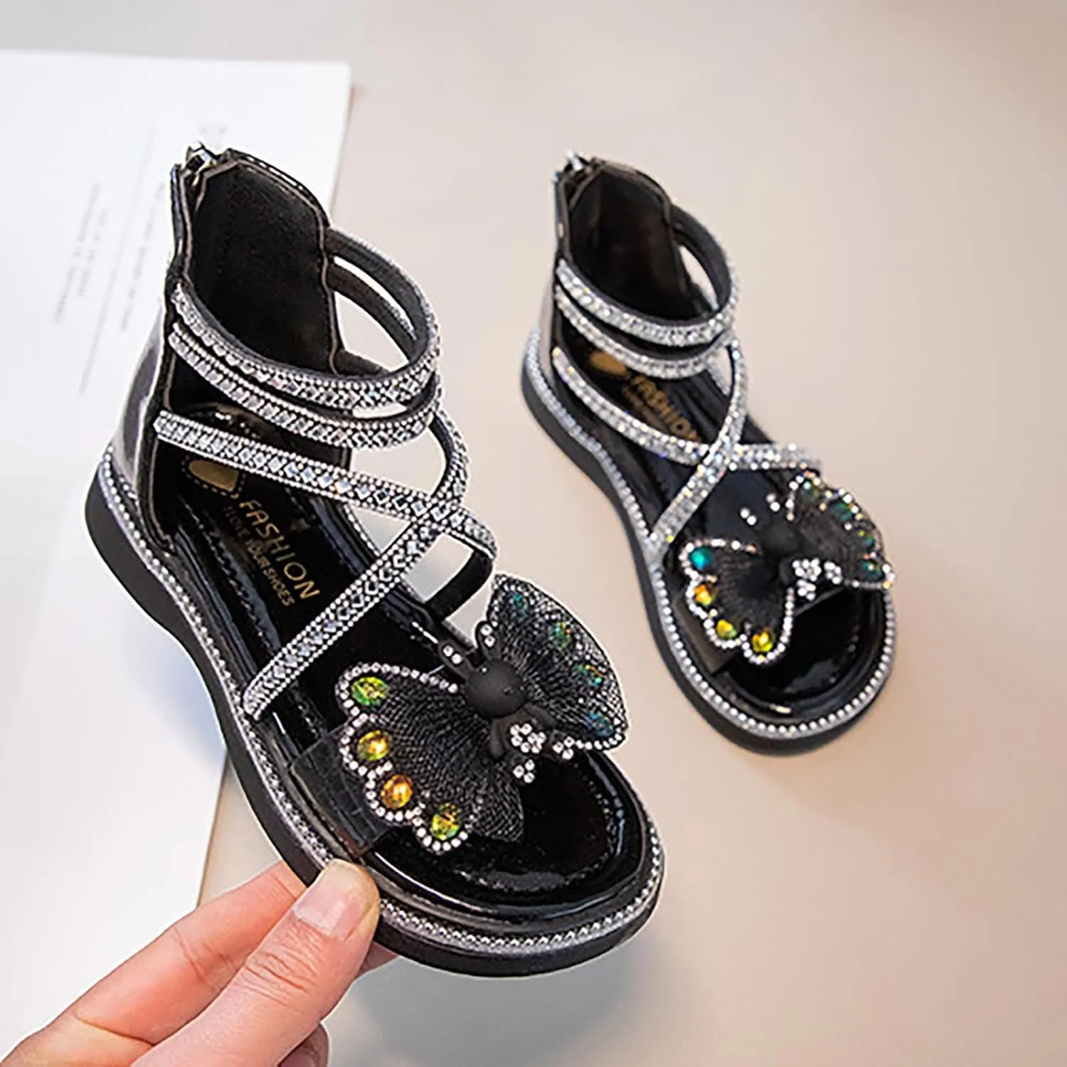 Girls Summer Princess Sandals Open Toe Rhinestone Butterfly Print Foot Back Zipper Off Roman Sandals Daily Casual Outdoor Girls Shoes
